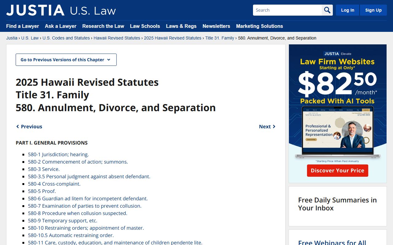 Hawaii Revised Statutes Chapter 580 covering dissolution of marriage annulment and separation