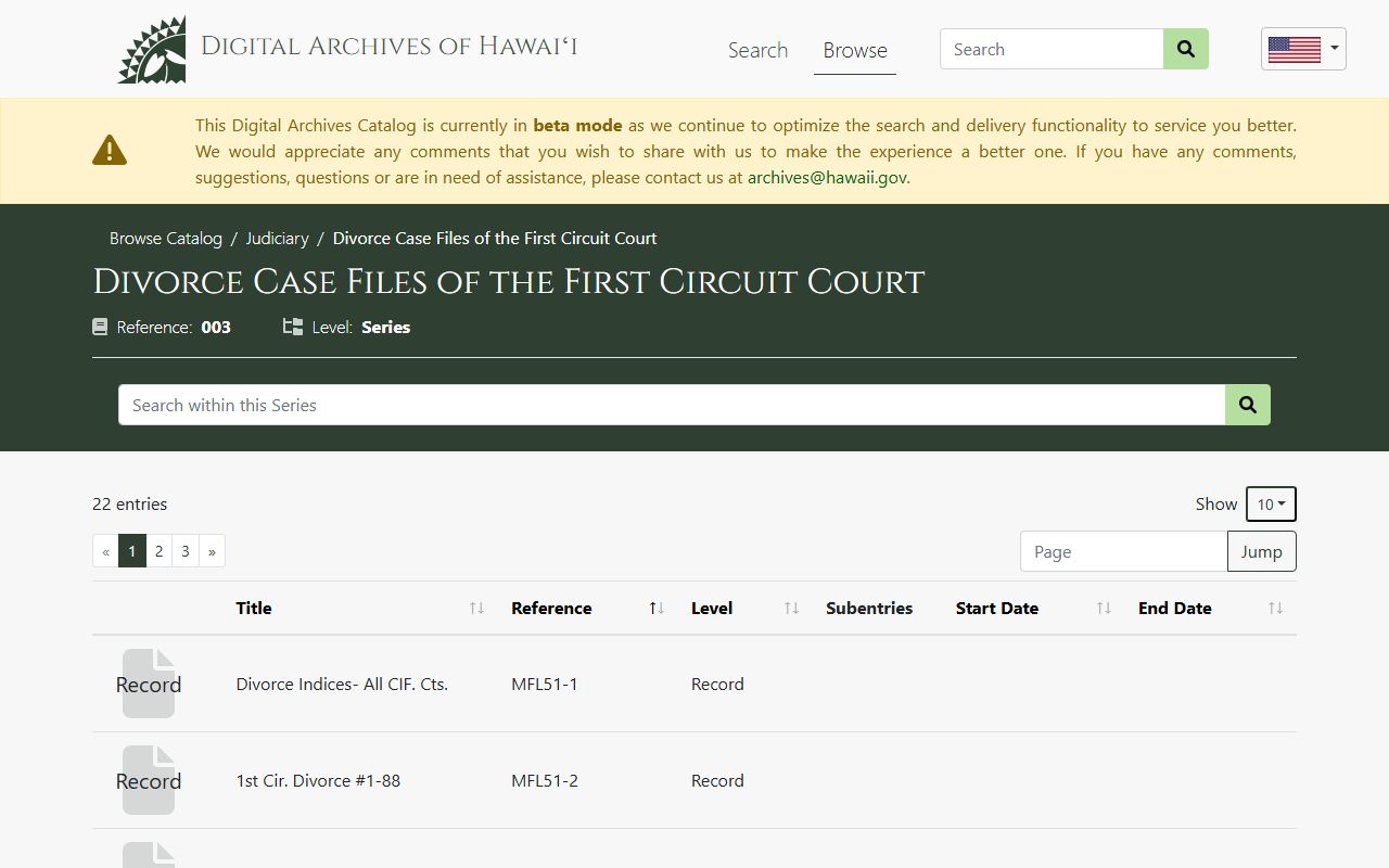 Hawaii State Archives digital archives collection of historical dissolution of marriage case files